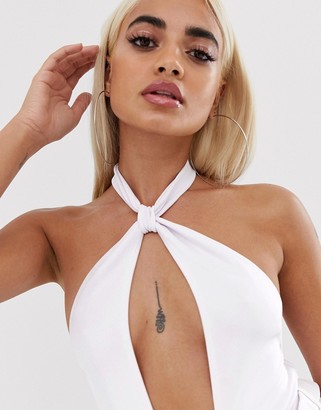 ASOS Petite DESIGN petite high neck deep plunge western belted swimsuit in white bandage