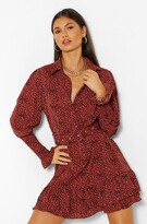 Thumbnail for your product : boohoo Spot Print Frill Hem Belted Shirt Dress