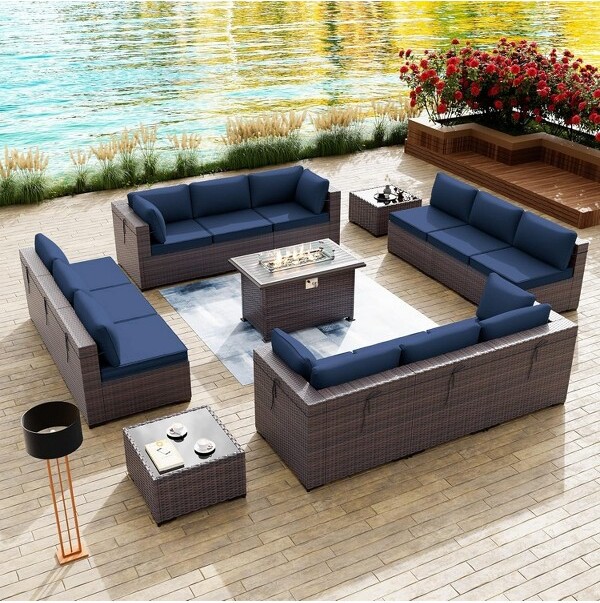 ALAULM15PCSPatioFurnitureSetsWickerRattanOutdoorConversationSetw/FirePitTableDarkBlue