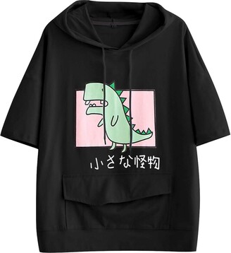 Sookity Dinosaur Print Hoodie for Womens Cute Cartoon Sweatshirts Short Sleeve Novelty Tops Casual Hooded Neck Blouses Sport Tracksuit Tee Loose Plus Size Tunic Fashion Graphics Print Shirts 