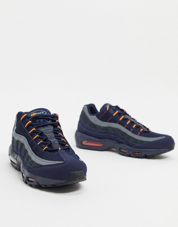 Nike Air Max 95 logo leather trainers in dark navy/orange - ShopStyle