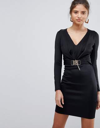 Lipsy V Neck Long Sleeve Dress With Chain Detail