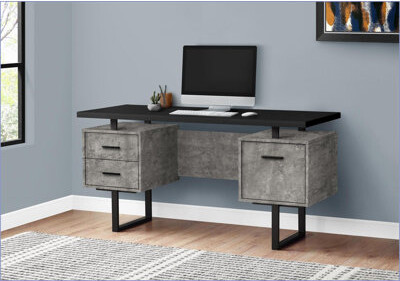 Inbox Zero Desks 60” Modern Computer Desk with Storage Drawers Reversible Left/Right Set-Up Black & Grey Concrete Laminate | Black | Particle Board