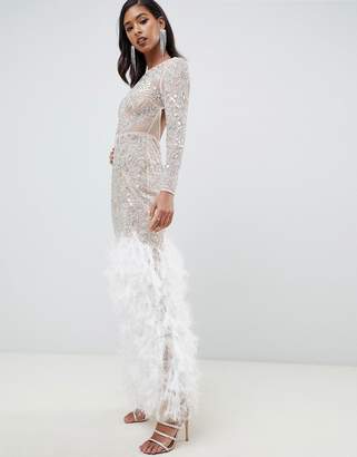 ASOS Design DESIGN Embellished Sequin Maxi Dress with Faux Feather Trim