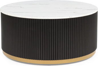 BoudoirBloom Ultra - Modern 1Pc Round Coffee Table With Marble Inspired White Top, Gold Coated Frame And For Living Zone Room Replicated Top Finish, Toned Foundati