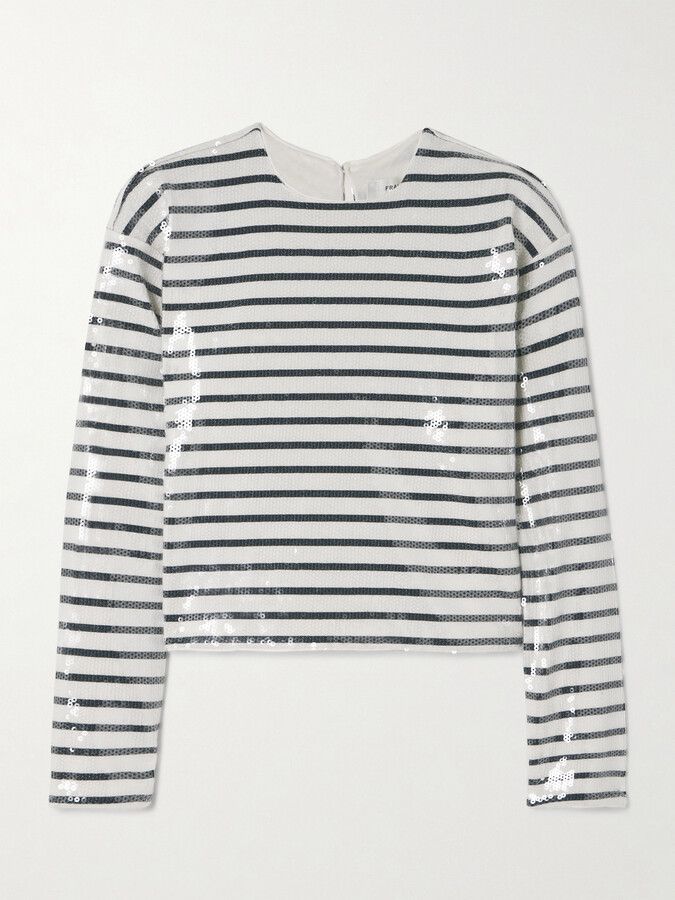 Frame Sequined Striped Organic Cotton-jersey T-shirt - Blue