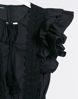 Parisian Tall frill sleeve lace trim mini dress in black