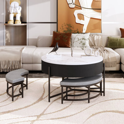 George Oliver Modern Round Lift-Top Coffee Table with 3 Ottoman