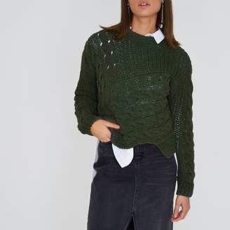 River Island Womens Khaki green cable knit asymmetric jumper