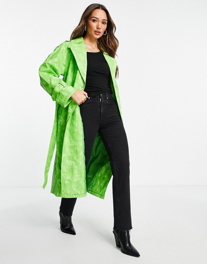 Topshop tie dye PU trench coat in green - ShopStyle