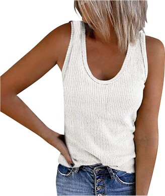 BOMING Women's Casual U-Neck Blouse Tops Ribbed Knit T-Shirt Solid Color Summer Sleeveless Vest White