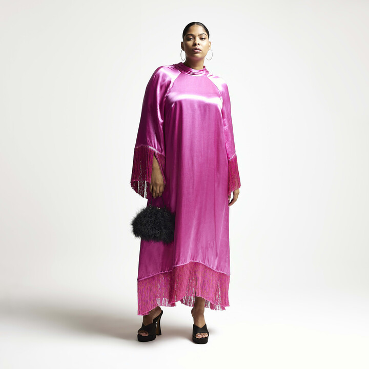 River Island Womens Plus Pink Ri Studio Satin Fringe Maxi Dress