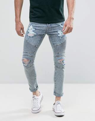 New Look Skinny Biker Jeans With Extreme Rips In Light Wash