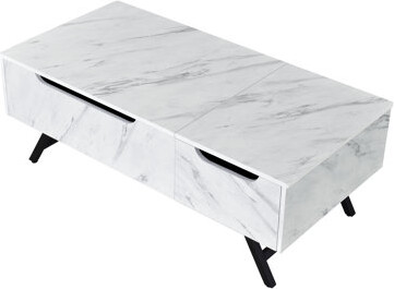 White Faux Marble Grain Rectangular Coffee Table With Lift Top And Manual - Close Drawer, 23 In Deep, Cut Out Pull For Drawer Access 24 High, Side Met