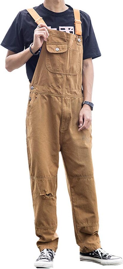 Fansu Men Denim Overalls Trousers Dungarees Vintage Work Bib Jeans  Jumpsuits with Knee Pads Pockets Coveralls Pants Big Waist Plus Size (Khaki  - ShopStyle