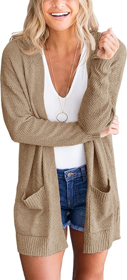Women Loose Beige Cardigan Sweater Waist Belt Thicken Knitting Wool Blend Formal 