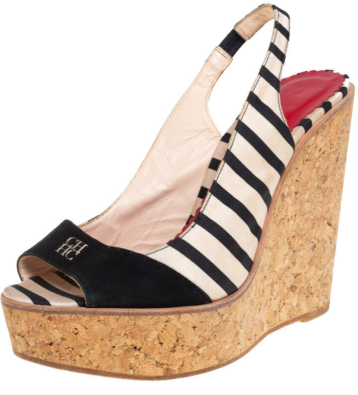 CH Carolina Herrera CH Black/White Fabric And Suede Cork Wedge Platform  Peep Toe Slingback Sandals Size 38 - ShopStyle