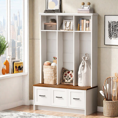 Modern Hall Tree With Entryway Bench, 3 Open Shelves And 3 Drawers