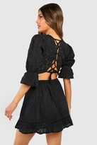 Thumbnail for your product : boohoo Broderie Open Back Top & Pep Hem Skirt