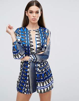 AX Paris Geometric Printed Playsuit With T Bar And Split Sleeve