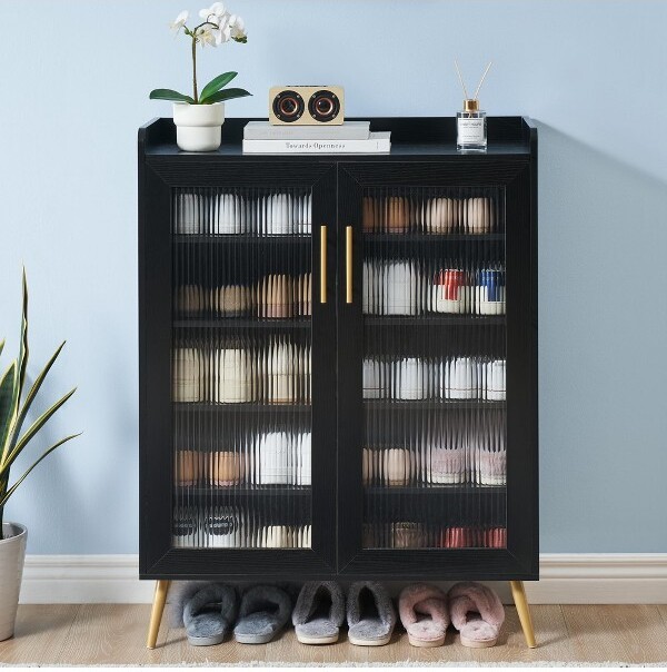 TruAIR Black5-TierGlassDoorShoeCabinet¨CEntryway/Hallway/LivingRoomStorageOrganizer