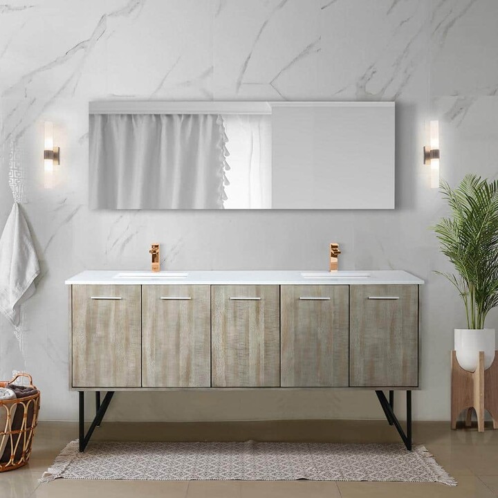 Lexora Lancy 72 in W x 20 in D Rustic Acacia Double Bath Vanity, White Quartz Top and Rose Gold Faucet Set