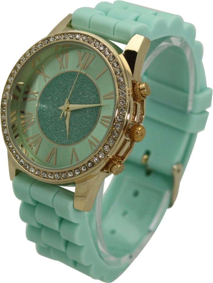 Olivia Pratt Mint Rhinestone Bezel Silicone Strap Watch