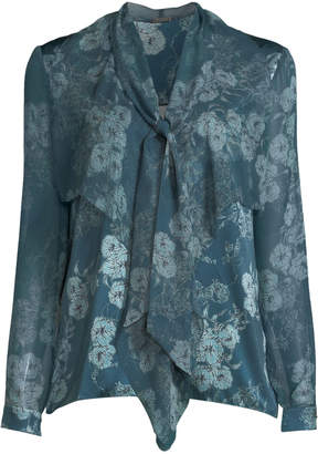 Elie Tahari Jurnee Tie-Neck Long-Sleeve Floral-Print Silk Blouse