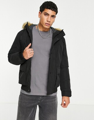 Jack and Jones Originals short parka jacket with faux fur hood in black -  ShopStyle
