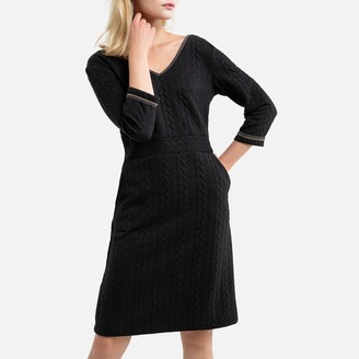 Anne Weyburn Textured Mid-Length Shift Dress with 3/4 Length Sleeves