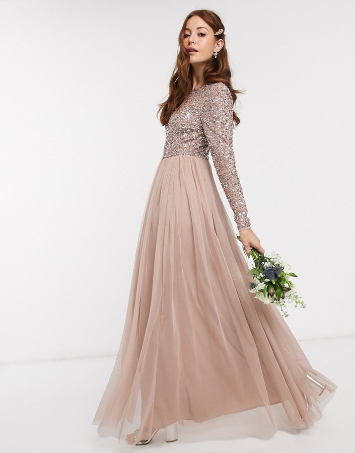 Maya Bridesmaid long sleeve v back maxi tulle dress with tonal delicate  sequin in taupe blush - ShopStyle