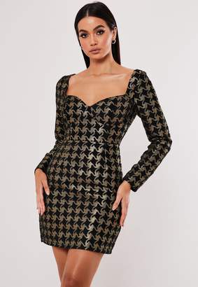 Missguided Gold Dogtooth Jacquard Long Sleeve Bustier Mini Dress