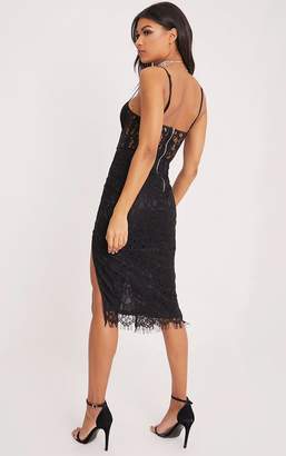 PrettyLittleThing Brielle Black Strappy Lace Wrap Over Midi Dress