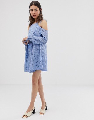 J.o.a. Swing Dress With Cold Shoulders And Tassel Ties In Lace