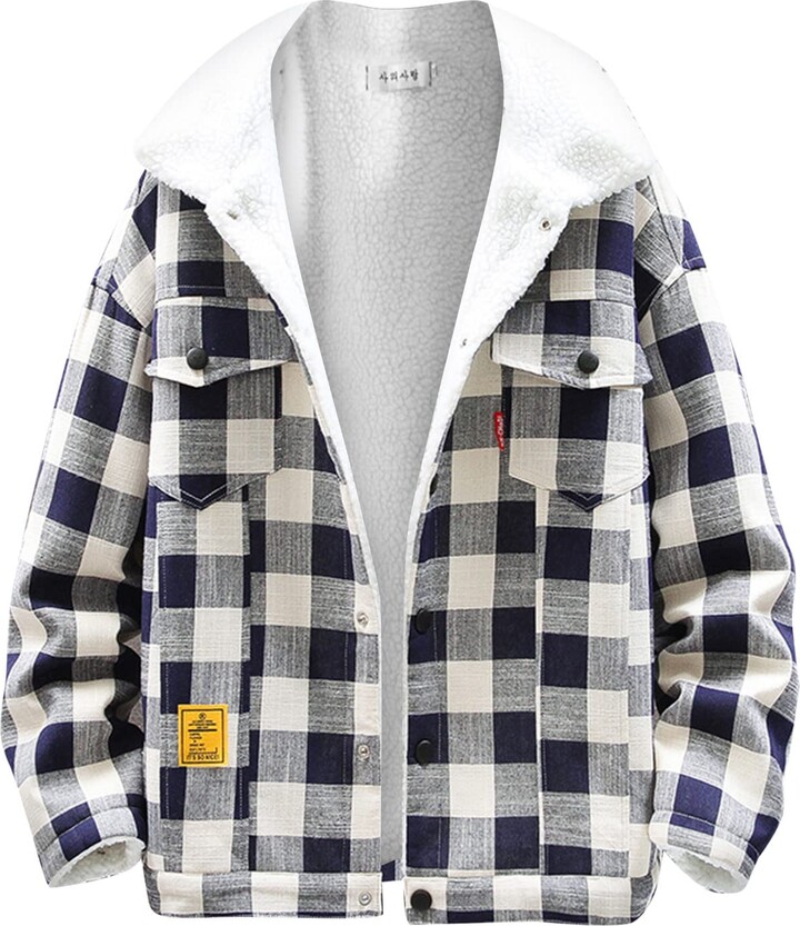gfdrt Men's Warm Sherpa Lined Fleece Plaid Flannel Shirt Jacket Work ...