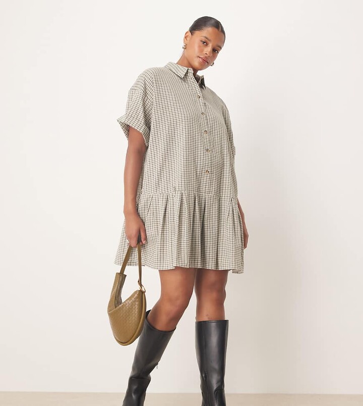 ASOS Curve ASOS DESIGN Curve boxy mini shirt dress with dropped waist in black and white plaid