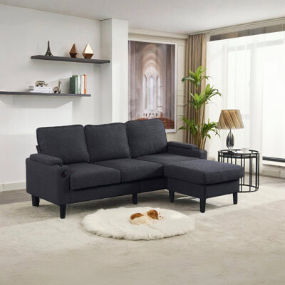 Corrigan Studio Dark grey color knock down 3-seat combo sofa with storage ottoman for living room apartment bedroom and compact room Upholstered sectional Couch L S