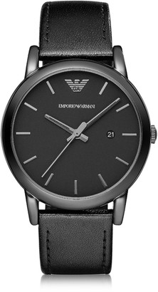 Emporio Armani Polished Black Stainless Steel Men's Watch w/Smooth Leather Strap