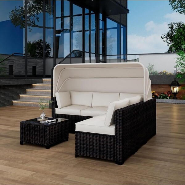 Acekool 6-PieceRattanPatioFurnitureSetAdjustableCanopyandBackrestSectionalSofaforOutdoorRelaxationBeige