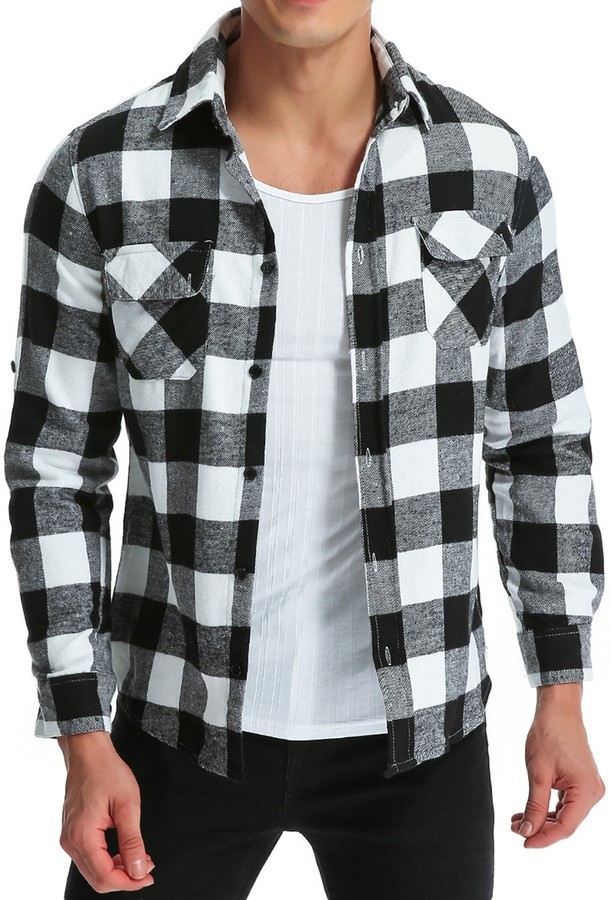 MODCHOK Men's Shirt Check Flannel Shirt Button Down Regular Fit Long Sleeve Plaid  Flannel Shirts Casual Pocket Tops A Black&White XXL - ShopStyle