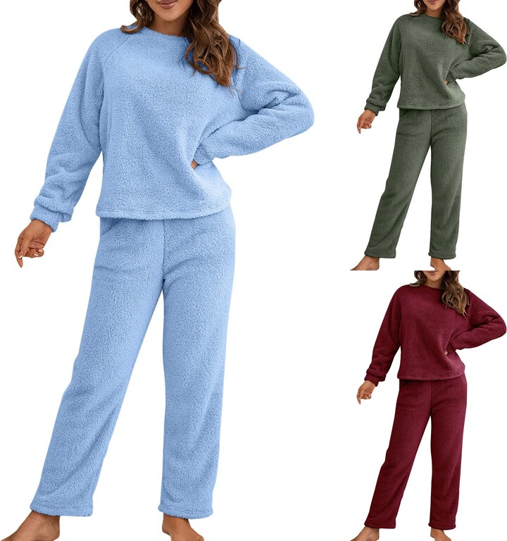 WAo Women's Plush Pajamas Sets Long Sleeve with Pants Fleece Soft Sleepwear  O Neck 2 Piece Solid Color Pjs Lounge Set with Pockets (M - ShopStyle