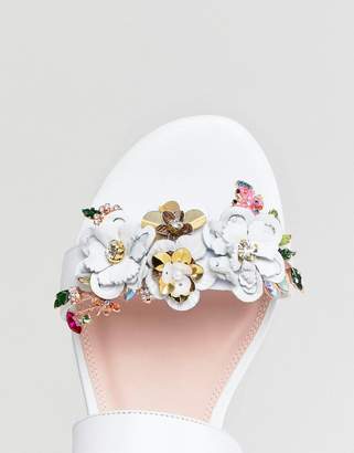 Dune Two Part Flat Leather Sandal in White with Flower Embellishment