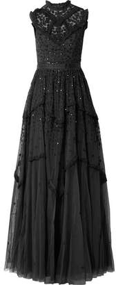 Needle & Thread Daisy Embroidered Embellished Tulle Gown - Black