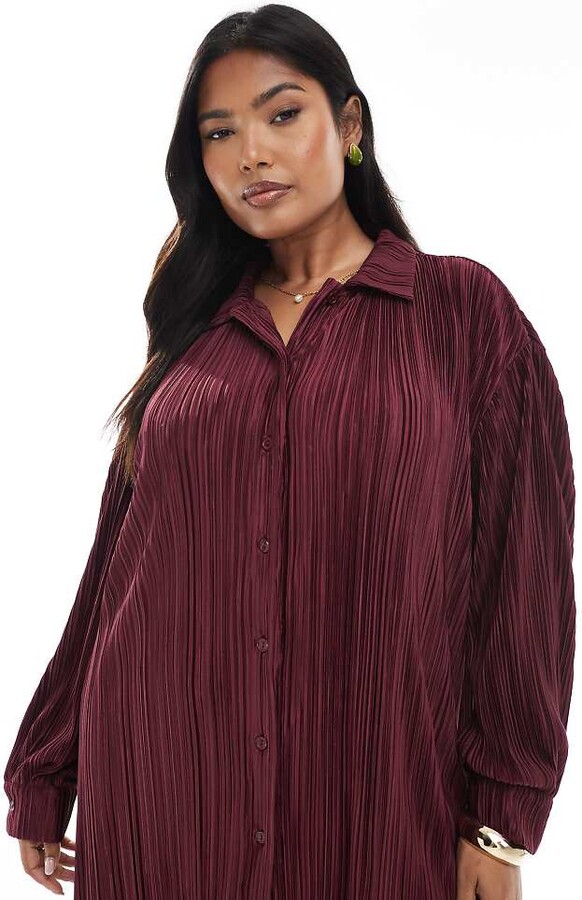 4th & Reckless Plus plisse collared button front shirt in burgundy - part of a set