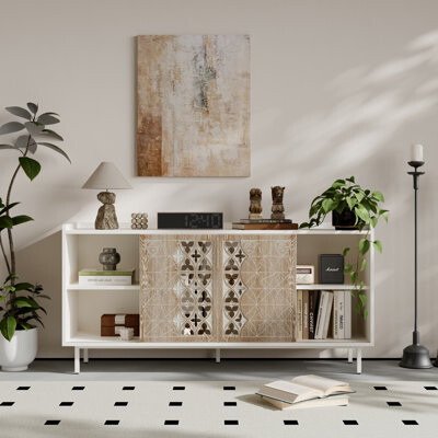 Sicotas Mid Century Sideboard Storage Rustic Sliding Door Solid Wood Cabinet for Living Room Decorative TV Buffet and Storage for TV Stand,Sideboards,