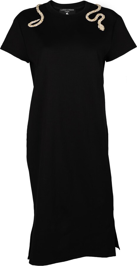Laines London Laines Couture T-Shirt Dress With Embellished Crystal Pearl Wrap Around Snake - Black
