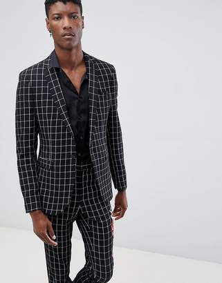 ASOS Design Skinny Suit Jacket In Black And White Check With Embroidery