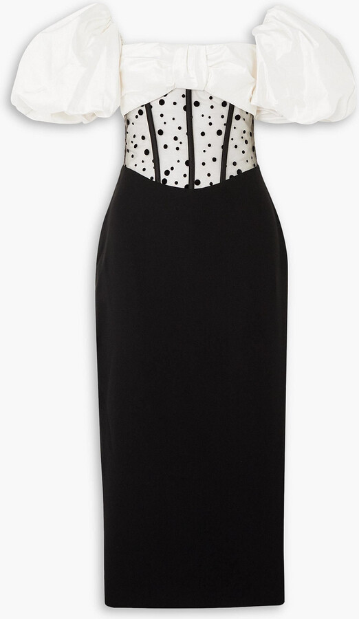 Rasario Off-the-shoulder bow-detailed taffeta, flocked tulle and crepe midi dress