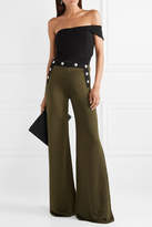 Thumbnail for your product : Balmain Button-embellished Two-tone Stretch-knit Flared Pants - Army green