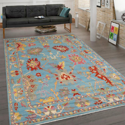 Isabelline Oriental Handmade Hand-Knotted Rectangle 9' x 12' Wool Area Rug in Blue